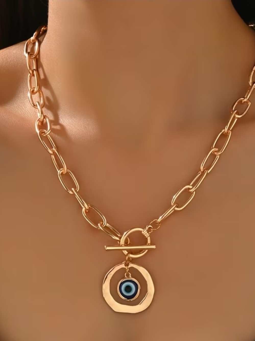 Gold Chain Toggle Necklace with Blue Evil Eye Pendant